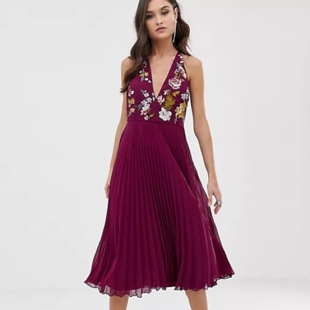 ASOS pleated embroidered midi dress halter